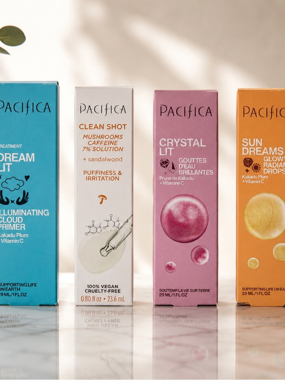 Pacifica Glow Bundle Vitamin C Primer Drops Mushroom Caffeine Skin Treatment